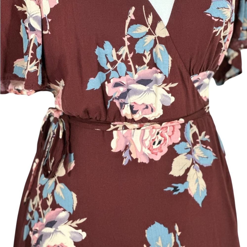 Show Me‎ Your MuMu Burgundy Floral Mini Wrap Dress Short Sleeve V-Neck  Size S - Picture 5 of 8